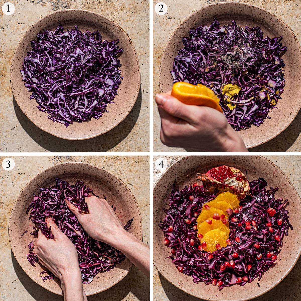 Purple cabbage salad with orange, steps 1 to 4.