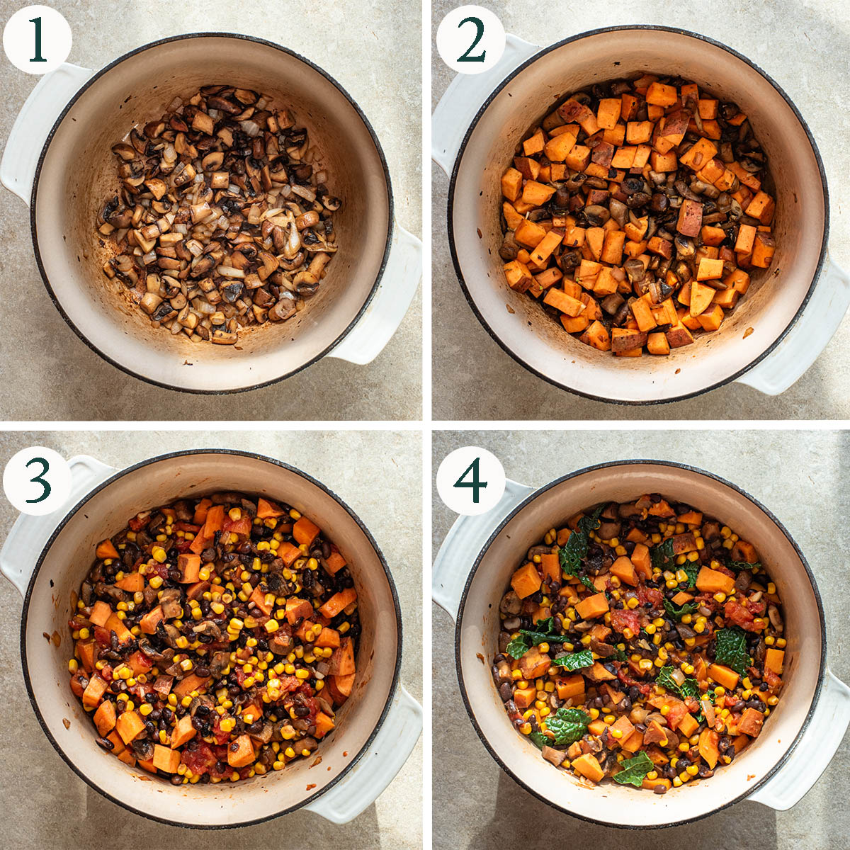 Vegetarian chili steps 1 to 4, searing mushrooms, sweet potato added, and before and after simmering.