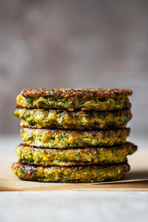 Stack of swiss chard lentil burgers.