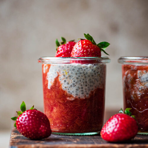 Jars of chia pudding with rhubarb compote.