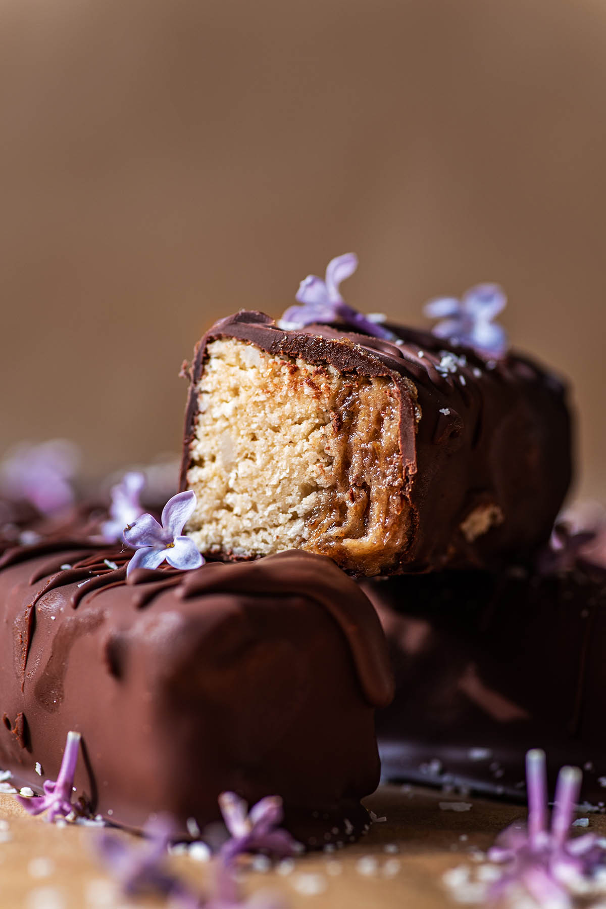 Close up of halved shortbread chocolate bar.