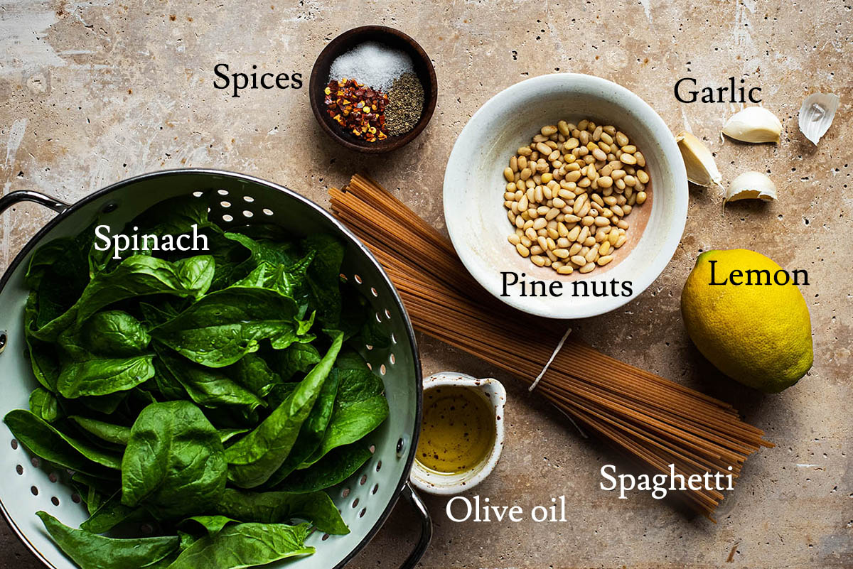 Labeled ingredients for pasta with pine nuts.