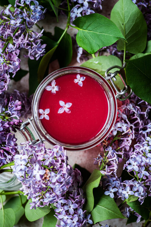 Top down view of glass jar with lilac syrup and blossoms.