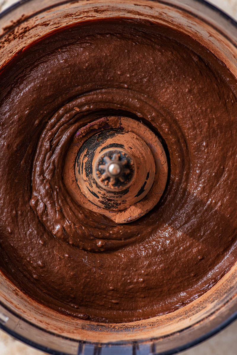 Blended cocoa base in a food processor.