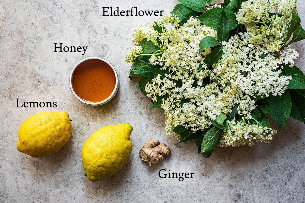 Lemon elderflower popsicle ingredients with labels.