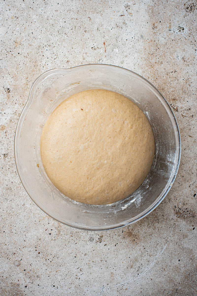 Dough after rising, doubled in size.