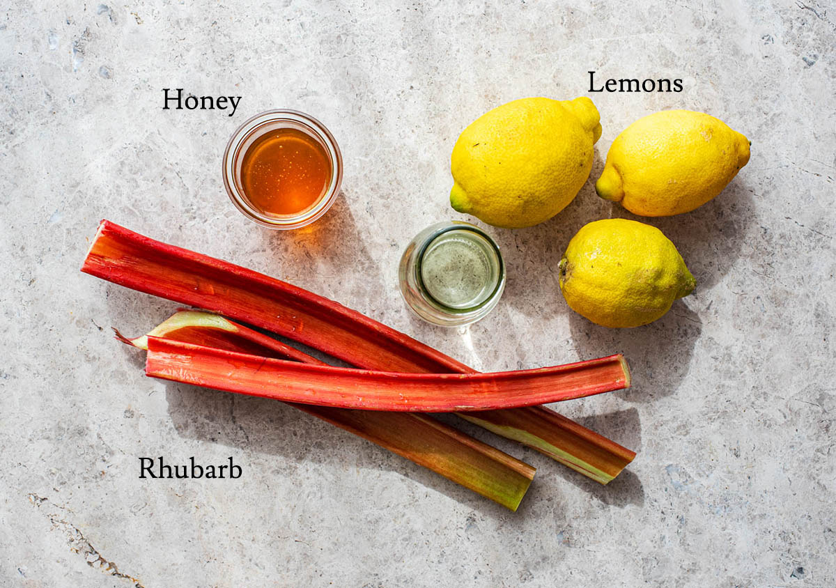 Rhubarb lemonade ingredients with labels.