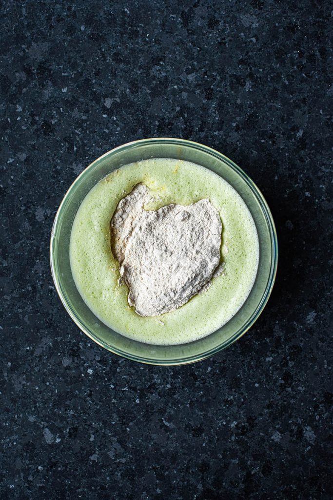 Flour added to blended spinach mixture.