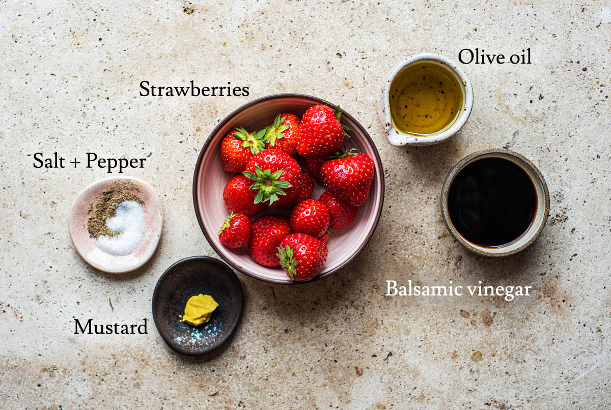 Strawberry vinaigrette ingredients with labels.