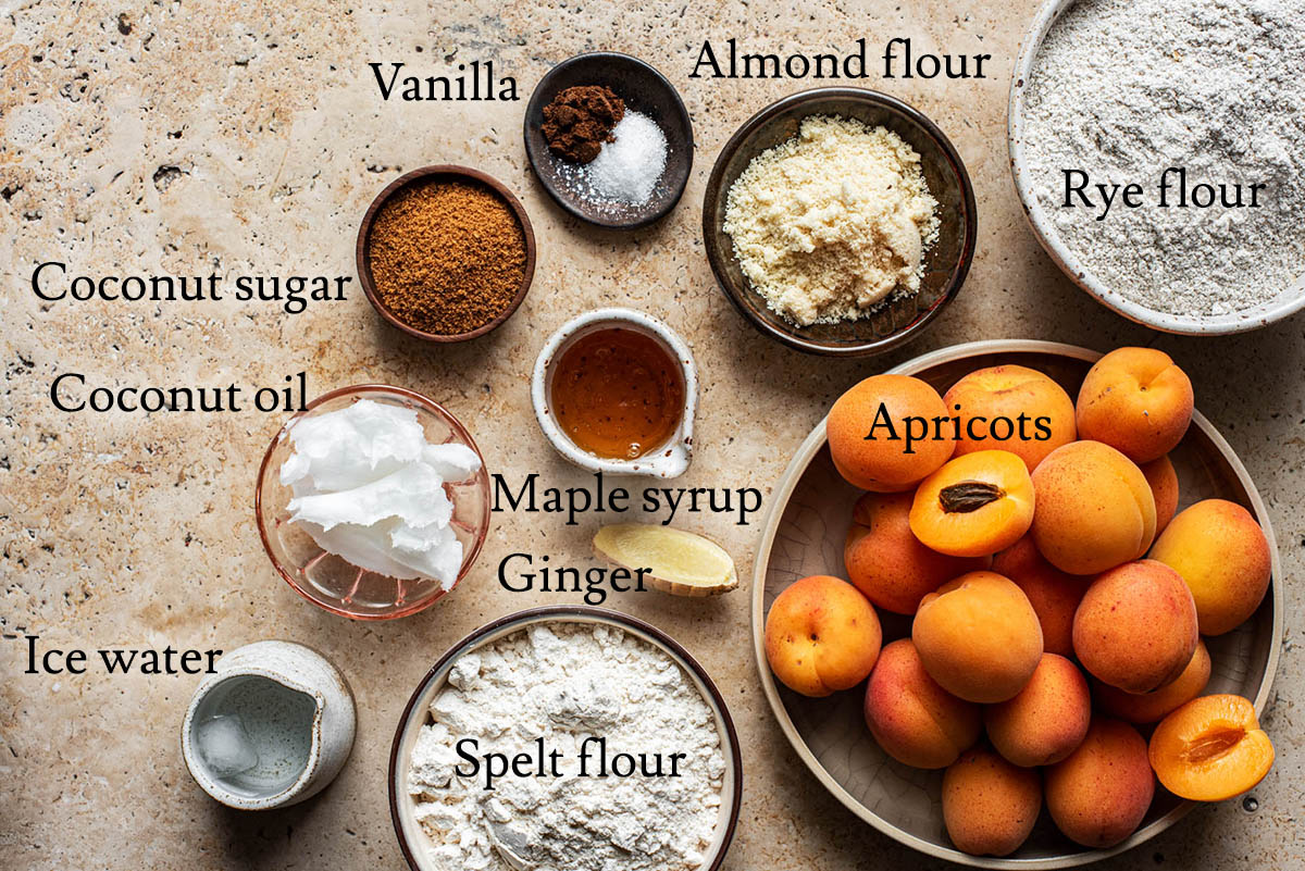 Apricot galette ingredients with labels.