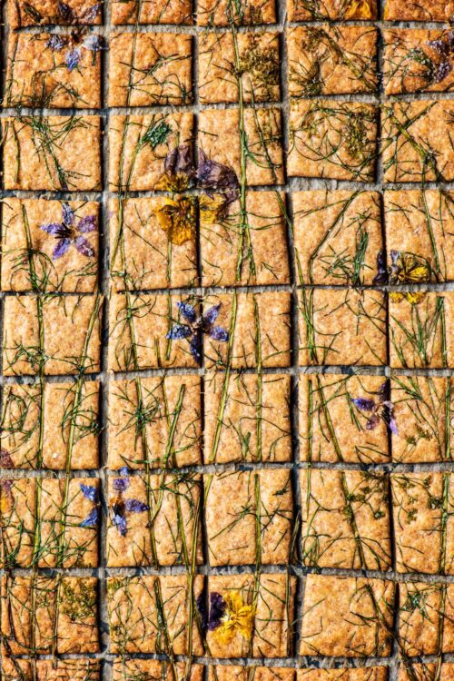Baked crackers topped with edible flowers and herbs, cut into small squares.