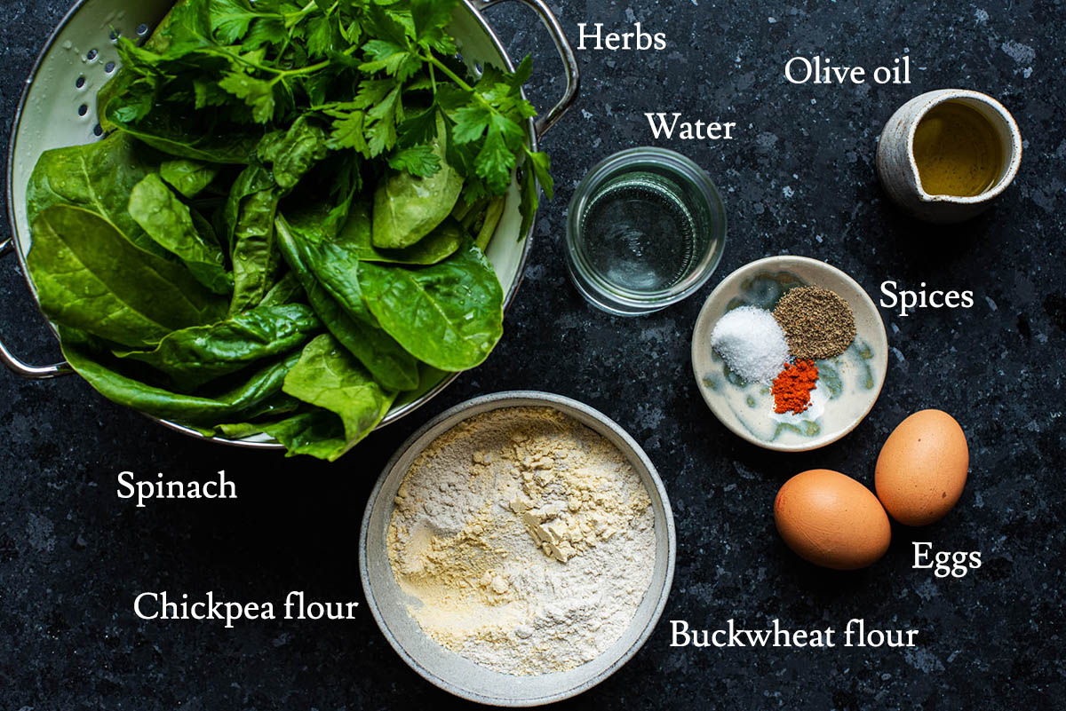 Spinach pancakes ingredients with labels.