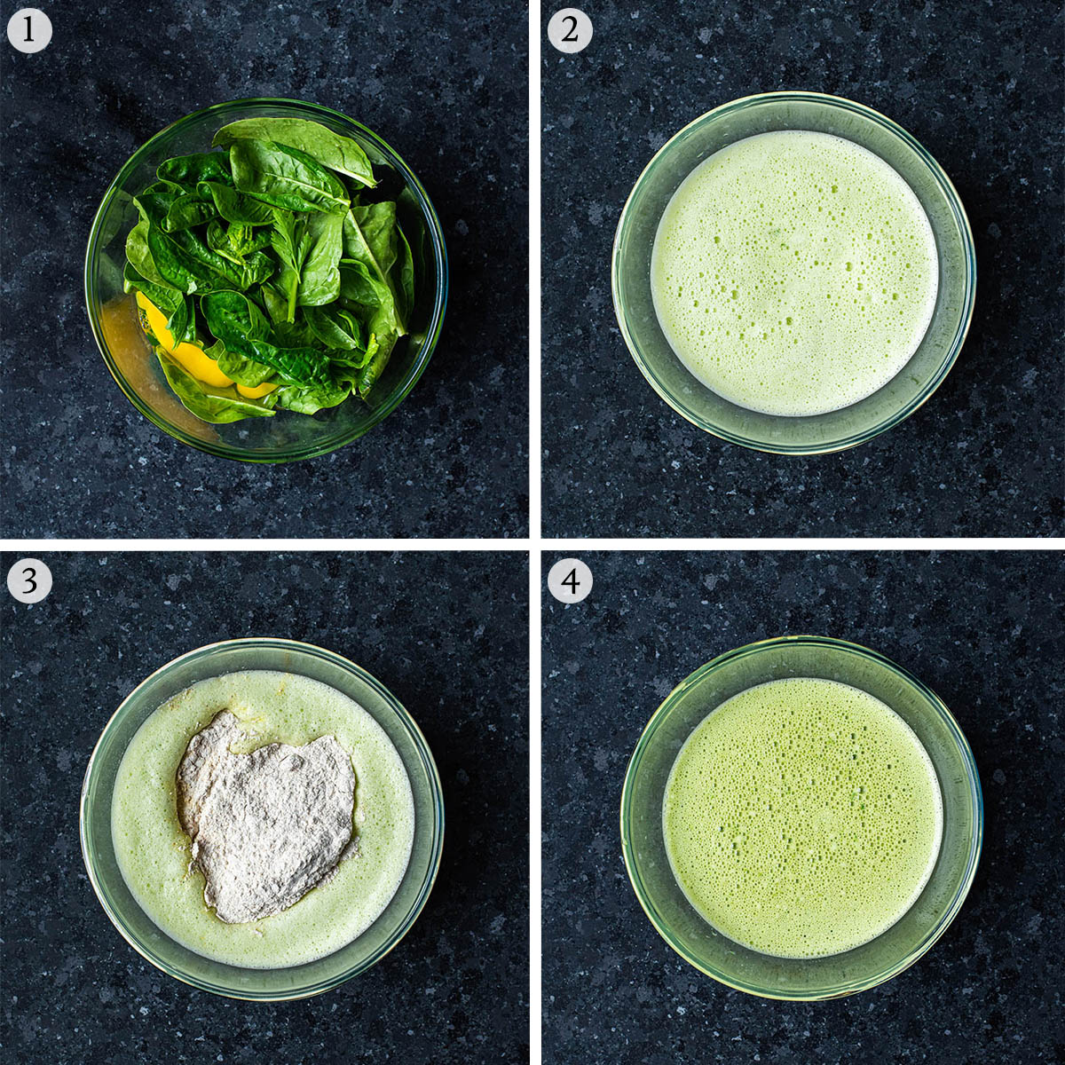 Filled spinach pancakes steps 1 to 4.