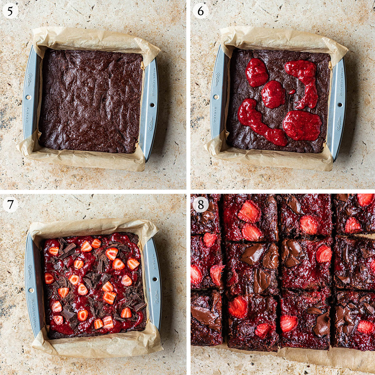 Strawberry brownies steps 5 to 8.