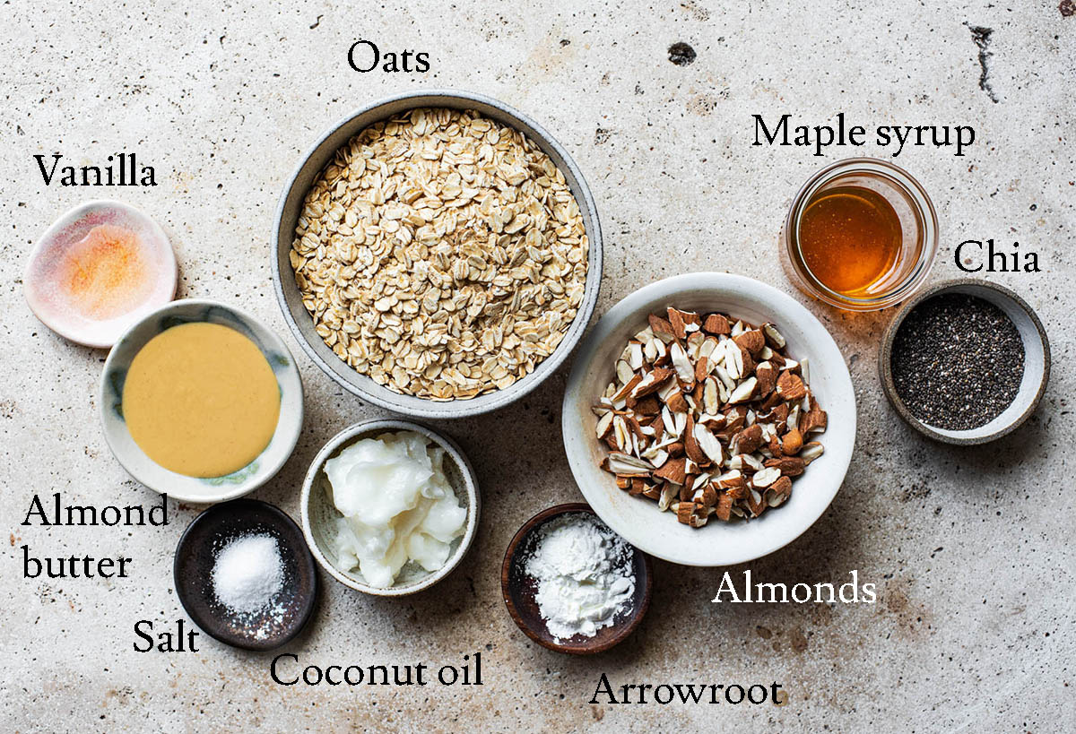 Almond butter granola ingredients with labels.