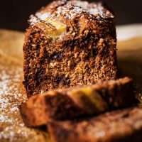 Front view of sliced banana bread.