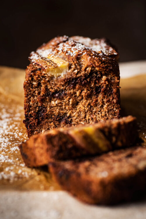 Front view of sliced banana bread.