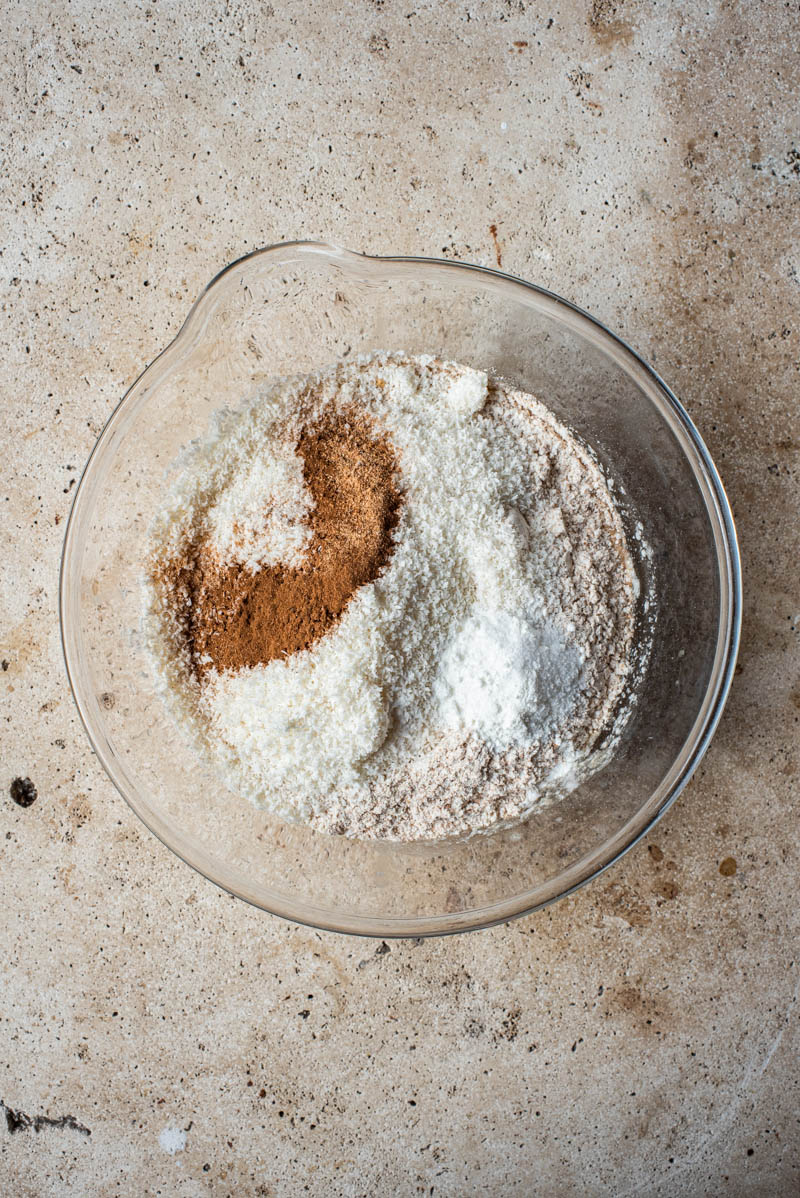 Dry ingredients added to the mixing bowl.