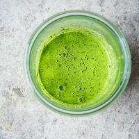 Pesto in the mixing jar, top down view.