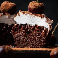 Close up of halved chocolate cupcakes.