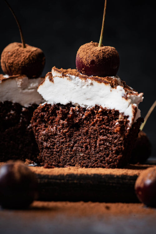 Close up of halved chocolate cupcakes.