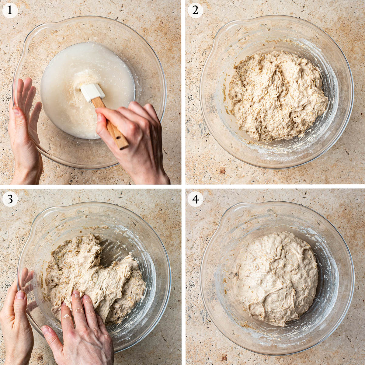 Oatmeal sourdough steps 1 to 4.