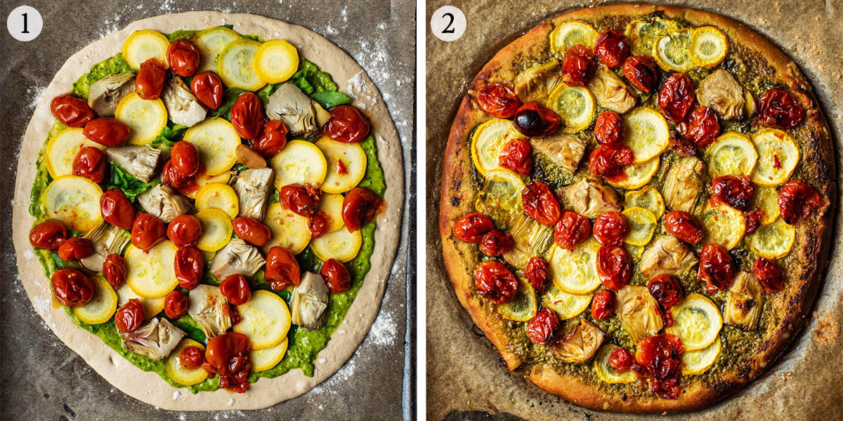 Pesto pizza before and after baking.