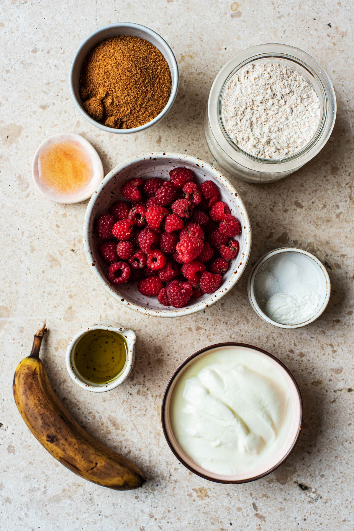 Vegan raspberry yogurt muffin ingredients.
