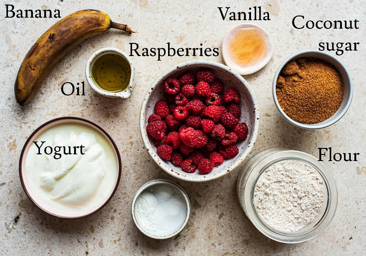 Raspberry yogurt muffins ingredients with labels.