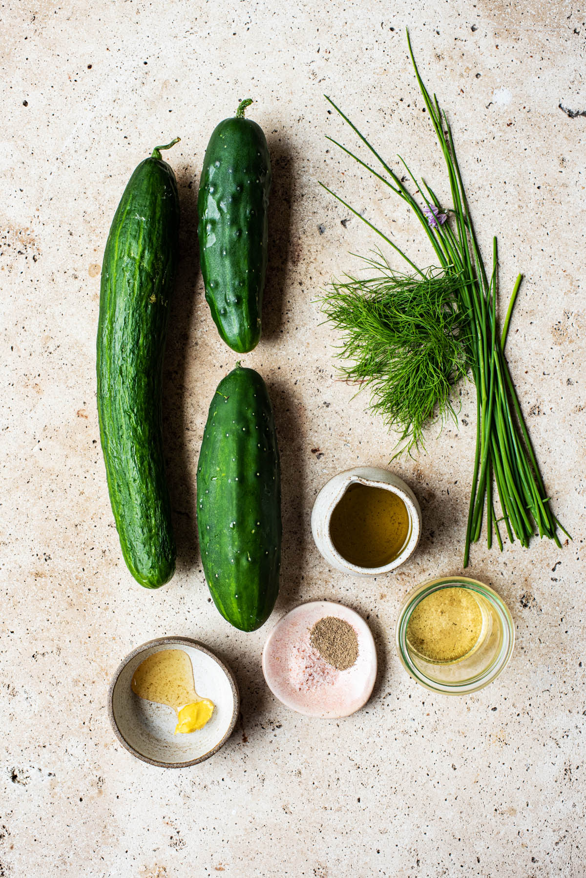 Vegan cucumber salad ingredients.