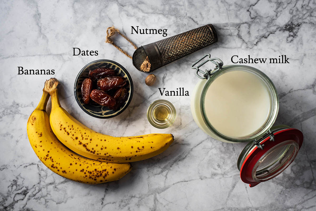 Banana milkshake ingredients with labels.