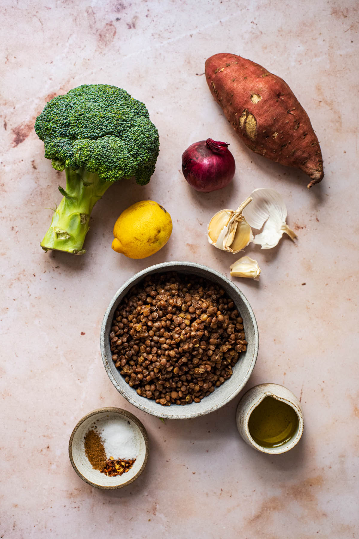 Roasted broccoli and sweet potato lentil bowl ingredients.