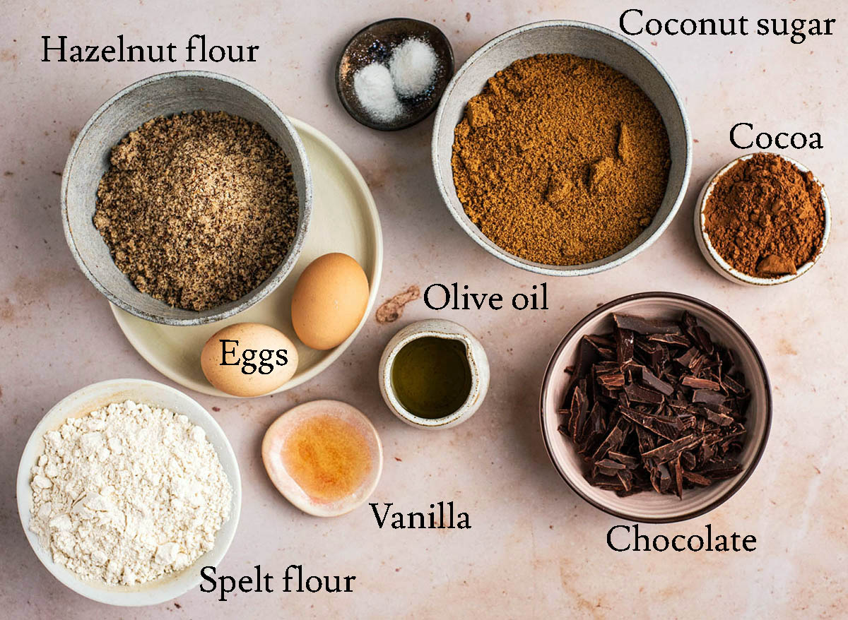 Olive oil brownies ingredients with labels.