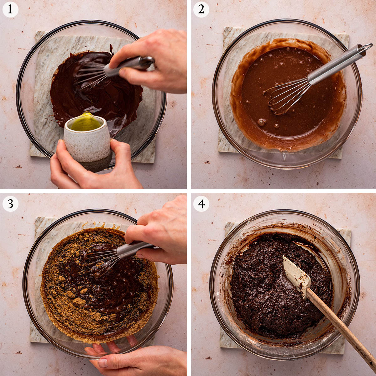 Olive oil brownies steps 1 to 4.