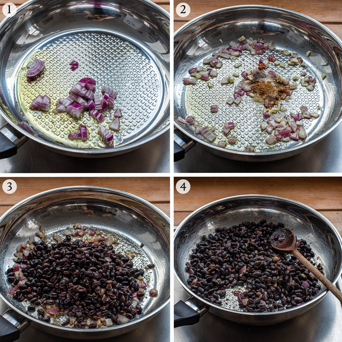Spiced black beans steps 1 to 4.