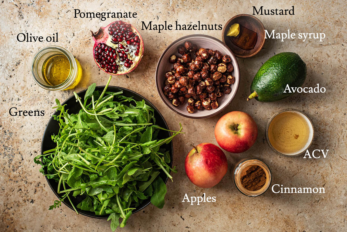 Apple salad ingredients with labels.