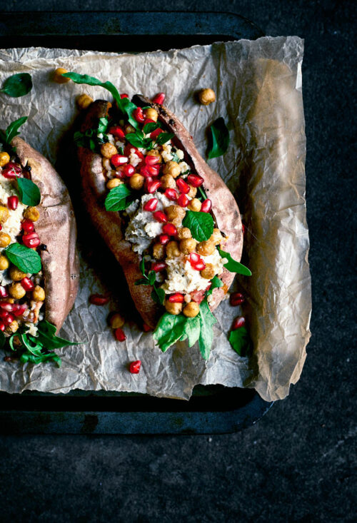 Chickpea, bulgur, and greens stuffed into roasted sweet potato.