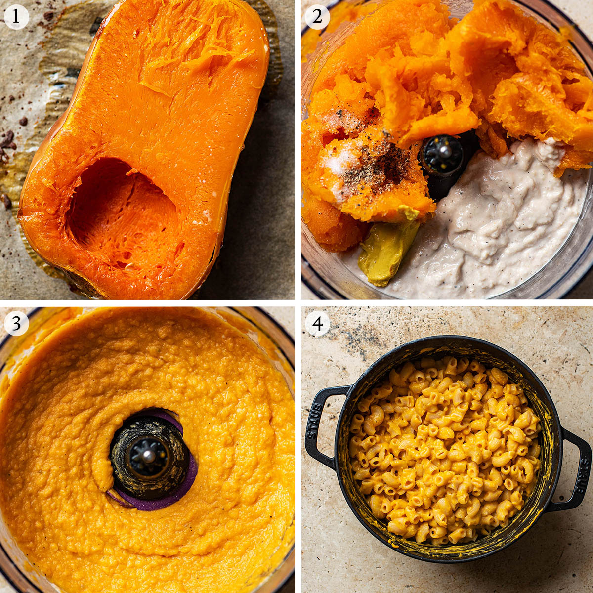 Butternut squash mac and cheese steps 1 to 4.