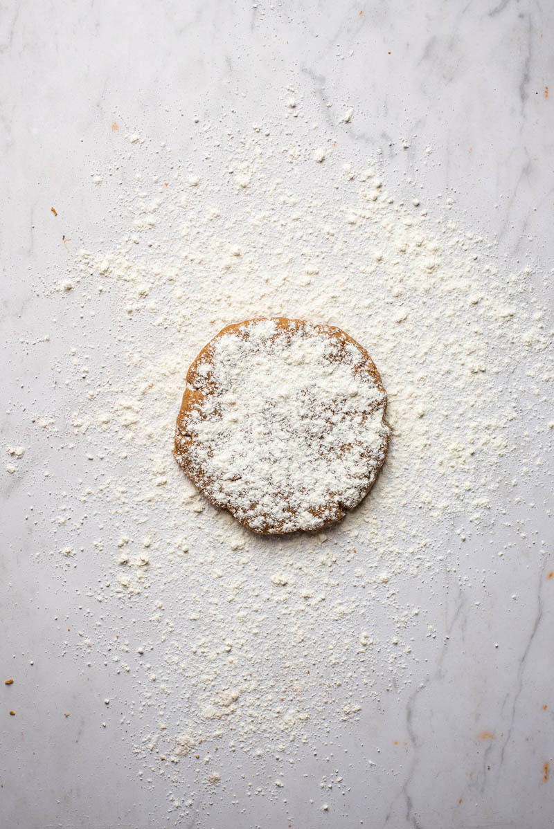 Dough flattened into a disc, sprinkled with flour.