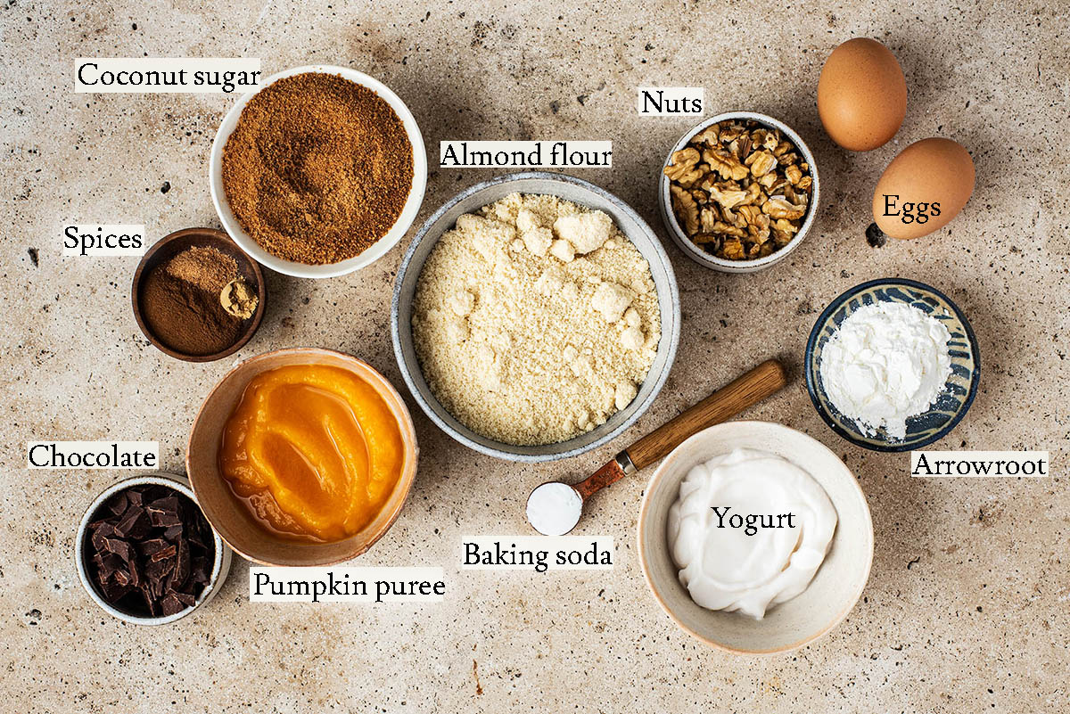 Gluten free pumpkin muffins ingredients with labels.
