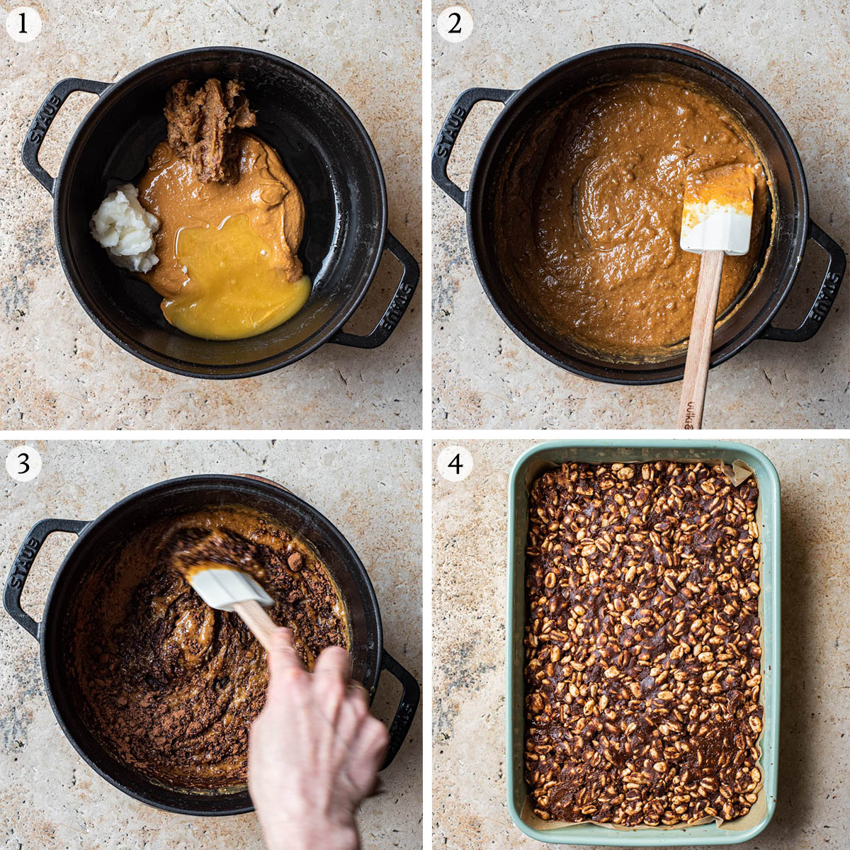 Puffed wheat squares steps 1 to 4.