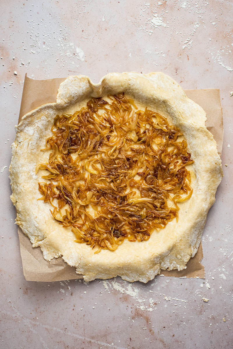 Caramelised onions added to the base of the pastry.