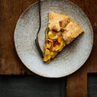 A slice of galette on a plate with a fork.