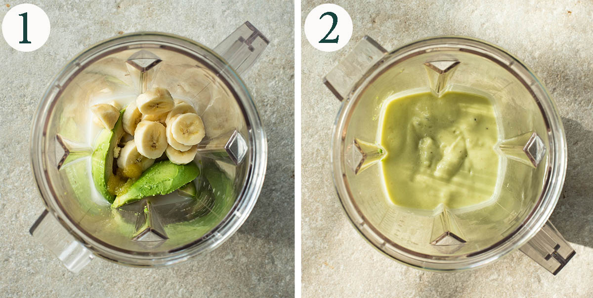 Avocado smoothie steps 1 and 2, before and after blending.