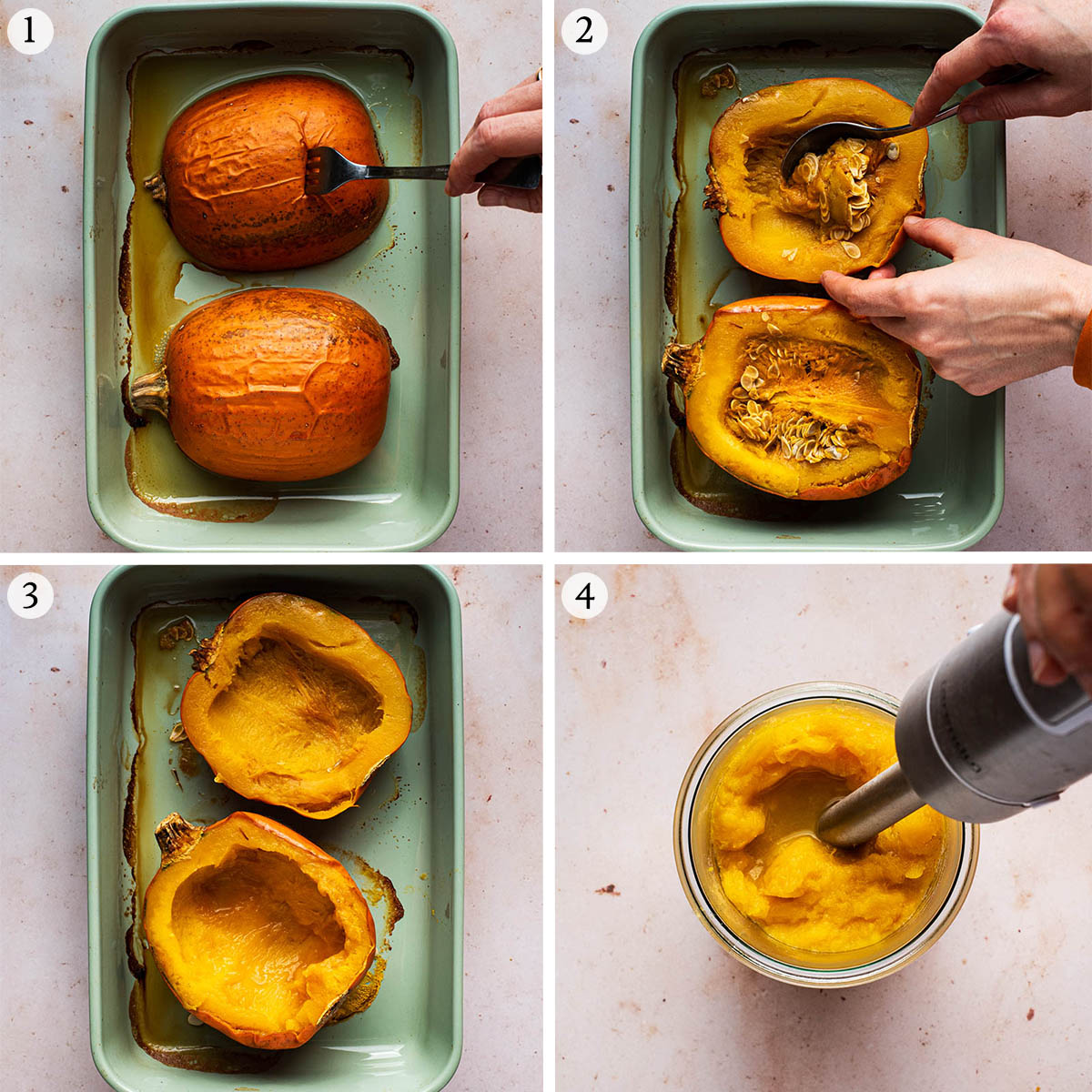 Pumpkin puree steps 1 to 4.