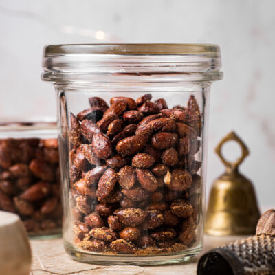 Almonds in a large glass jar.