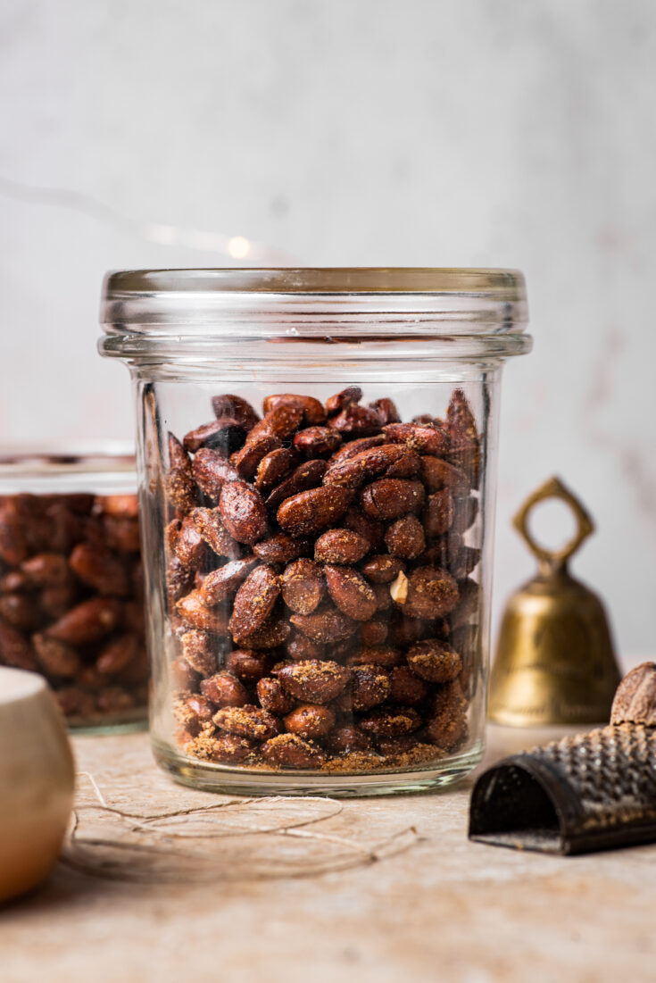 Almonds in a large glass jar.