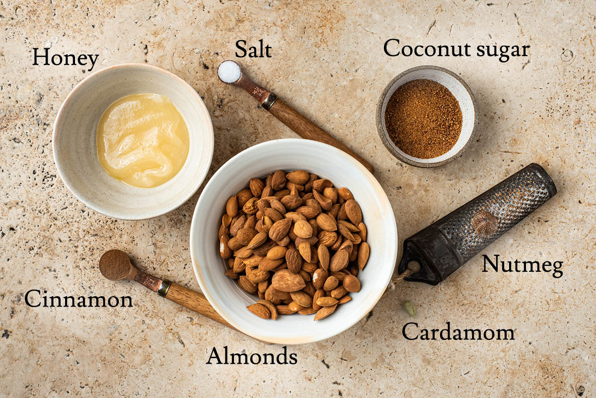 Honey roasted almonds ingredients with labels.