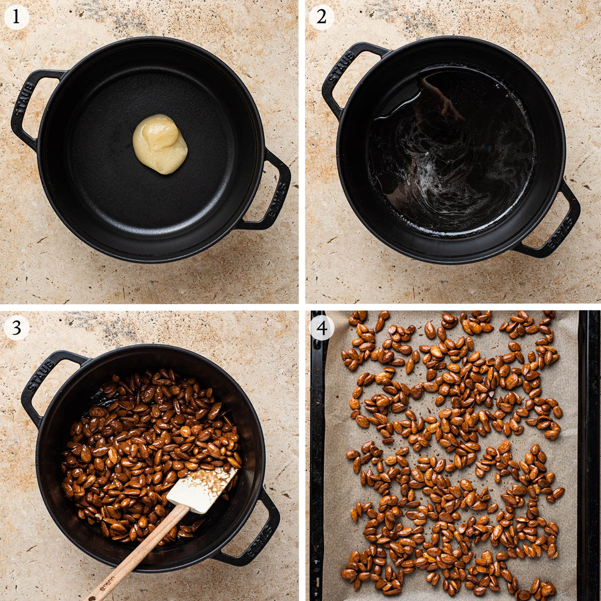 Honey almonds steps 1 to 4.