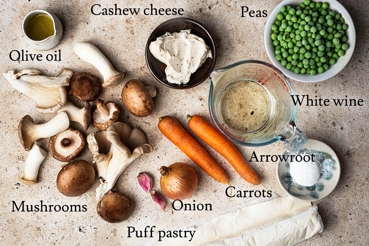 Mushroom pot pie ingredients with labels.